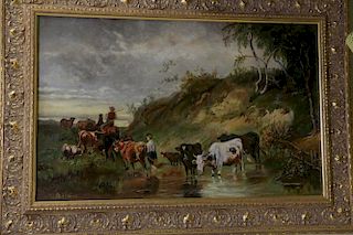 European Oil on Canvas Painting of Cows, Signed