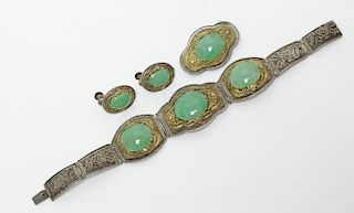 Set of Chinese Jadeite Bracelet & Earring & Pin