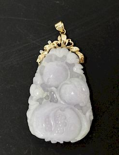 Chinese Carved Jadeite Pendant Mounted 14K Gold