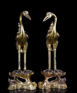 Pair of Chinese Gilt Bronze Cranes