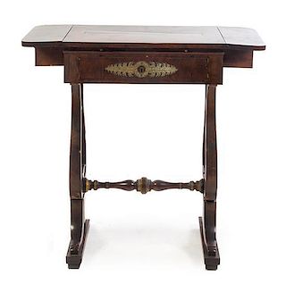An Empire Gilt Metal Mounted Mahogany Work Table, Height 30 1/2 x width 22 1/2 x depth 16 inches.