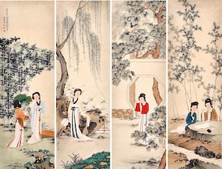 Set of 4 Pcs Chinese Ink/Color Painting on Scroll