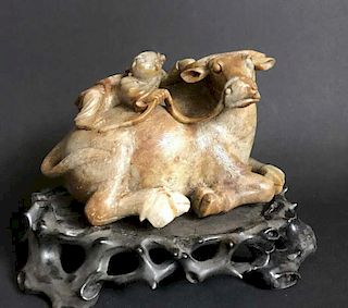 Chinese Soapstone Carved a Boy Riding Buffalo