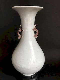 Chinese White Glazed Ceramic Vase w/ Two Handles