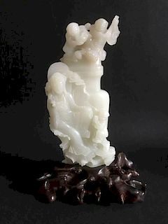 Chinese HeTian White Jade Carved Vase w/ Details