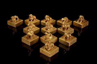 Set of 12 Chinese Zodiac Gilt Bronze Seals