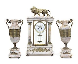 An Empire Style Gilt Bronze Mounted Marble Clock Garniture, Height of clock 19 inches.