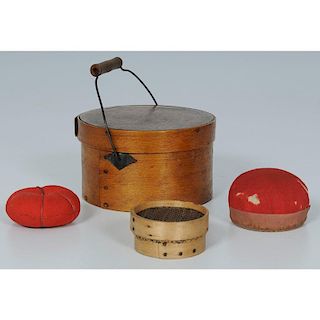Shaker Handled Box, Horsehair Sieve, and Pin Cushions