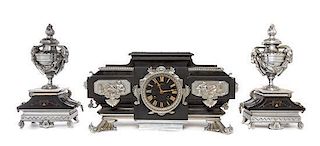 An Empire Style Silvered Bronze Mounted Slate Clock Garniture, Width of clock 19 inches.
