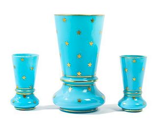A French Blue Opaline Glass Garniture, Height of tallest 5 3/4 inches.