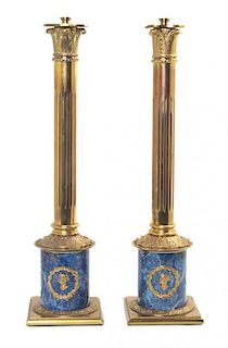 A Pair of Neoclassical Brass Table Lamps, Height overall 37 1/4 inches.