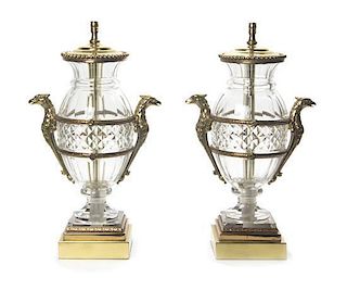 A Pair of Continental Gilt Metal and Cut Glass Urns, Height overall 30 1/2 inches.