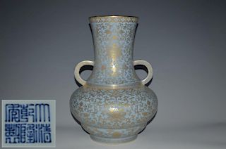 Chinese Gilt & Blue Glazed Double Handle Vase