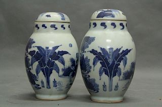 Pair of Chinese Blue/White Covered Jars