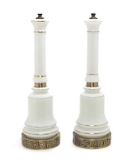 A Pair of Continental Opaline Glass Lamps, Height overall 29 3/4 inches.