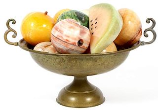 CARVED STONE FRUITS AND BRASS BOWL 12 PCS.