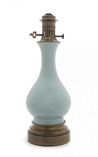 A French Celadon Glass Vase, Height overall 24 1/4 inches.