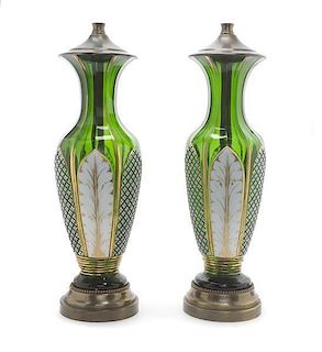 A Pair of French Enameled Glass Vases, Height 11 1/2 inches.