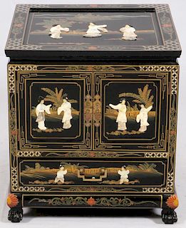 CHINESE LACQUERED AND HARDSTONE INLAY CHEST 20TH C.