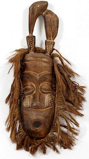ZAIRE CARVED WOOD AND RAFFIA MASK 20TH C.
