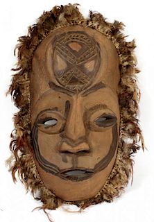 LEGA PEOPLE ZAIRE CARVED WOOD AND FEATHERED MASK