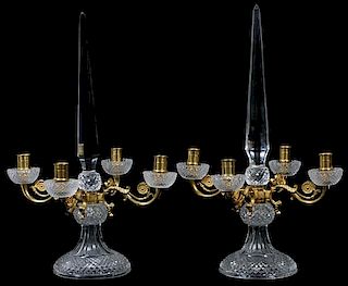 FRENCH BRONZE AND CRYSTAL CANDELABRA 20TH C. PAIR