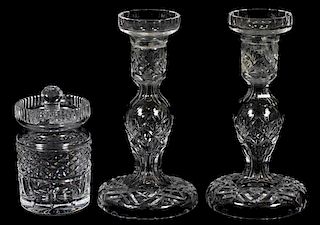 WATERFORD CRYSTAL CANDLE STICKS AND JAM JAR C1930