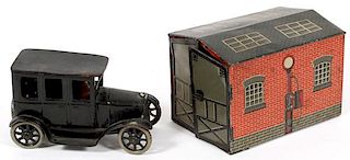 GERMAN TIN LITHO WIND-UP CAR AND GARAGE TWO