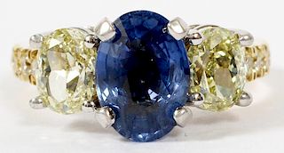 NATURAL BLUE SAPPHIRE AND FANCY YELLOW DIAMOND RING