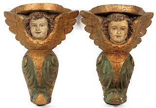 ANTIQUE PATINATED AND GILT OAK CORBELS PAIR