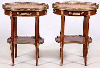 FRENCH MARQUETRY INLAID MAHOGANY END TABLES PAIR