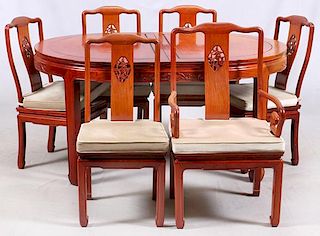 CHINESE STYLE MAHOGANY DINING TABLE AND CHAIRS