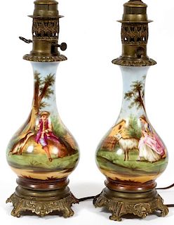CONTINENTAL HAND PAINTED PORCELAIN LAMPS PAIR