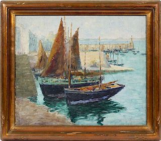 UNSIGNED OIL ON CANVAS 'SAILBOATS IN HARBOR'