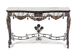 A French Wrought Iron and Tole Console Table, Height 31 3/4 x width 50 x depth 16 1/2 inches.