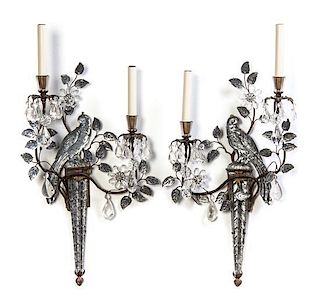A Pair of Gilt Metal, Glass and Rock Crystal Two-Light Sconces, IN THE MANNER OF MAISON BAGUES, 20TH CENTURY, Height 22 3/4 inch