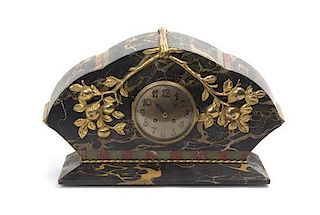 A French Art Deco Gilt Metal Mounted Marble Mantel Clock, Width 19 1/4 inches.