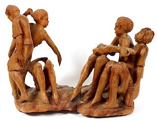 CARVED ROUGH WOOD FIGURE GROUP 20TH C.