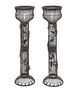 A Pair of Deco Style Wire Work Pedestal Torcheres, Height 38 1/2 inches.