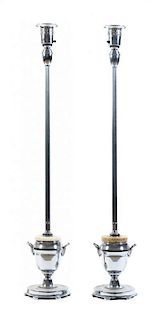 A Pair of Art Deco Style Chromed Torcheres, Height 63 1/2 inches.