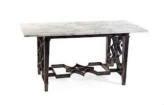 An Iron and Marble Library Table, IN THE MANNER OF ANDRE ARBUS (FRENCH, 1903-1969), Height 28 1/2 x width 62 x depth 27 1/4 inch