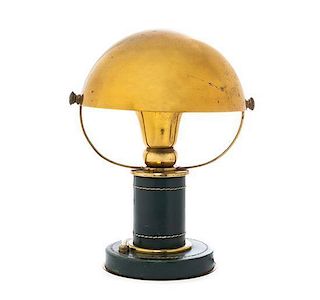 An Hermes Brass and Leather Desk Lamp, CIRCA 1940s, THE DESIGN ATTRIBUTED TO PAUL DUPRE-LAFON, Height 10 1/2 inches.