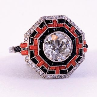 Unknown | Diamond, Onyx and Coral Ring
