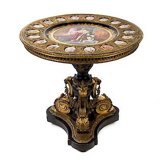A Louis XVI Sevres Style Porcelain Inset and Gilt Bronze Mounted Gueridon, 19TH CENTURY, Height 32 x diameter of top 32 1/2 inch