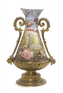 A German Gilt Metal Mounted Porcelain Vase, FRANZ ANTON MEHLEM, 1875-1890, Height overall 17 3/4 inches.