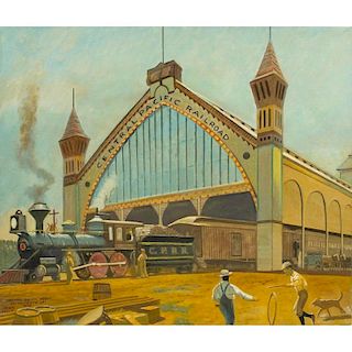 Herb Mott (b. 1923) Painting, "Central Pacific Depot, Sacramento, Cal"