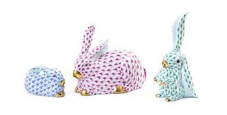 Three Herend Porcelain Rabbits, Height of first 4 1/4 inches.