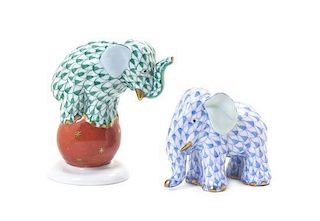 Two Herend Porcelain Elephant Figures, Height of first 3 1/4 inches.