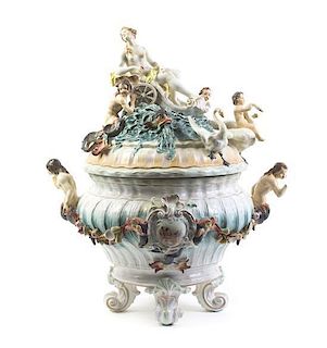 A Capodimonte Porcelain Punch Bowl and Cover, Width over handles 20 1/4 inches.