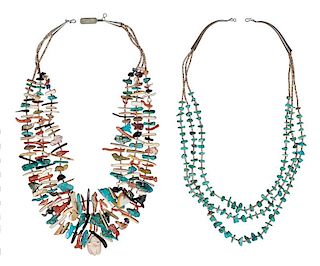 VariousLot of Two: Southwestern Style Treasure Necklace & Santo DomingoTriple Stranded Turquoise Necklace